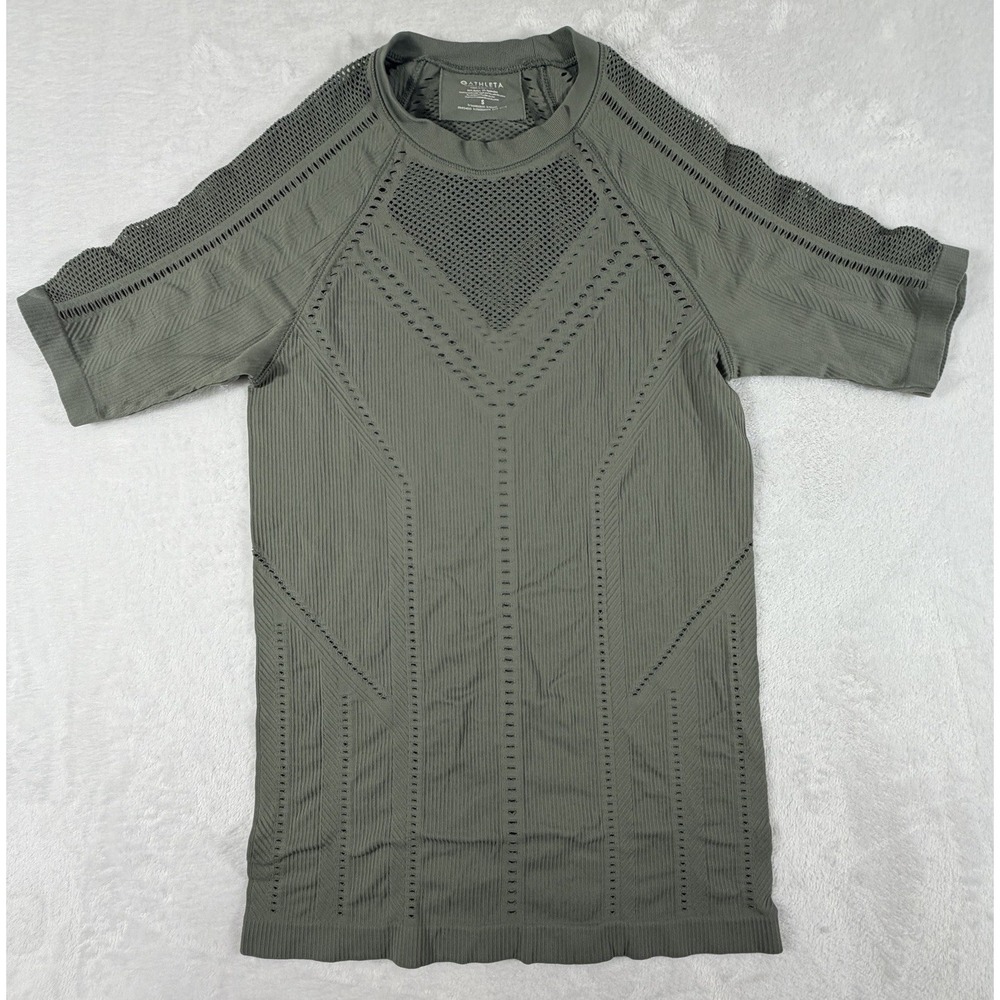 Athleta Shirt Women's Sz S Green Diamond Mesh Trophy Seamless Short Sleeve Tee